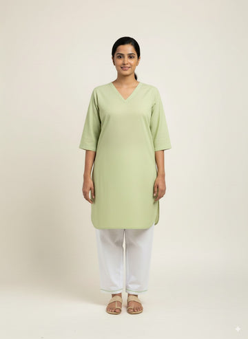 Women’s V-Neck Housekeeping Kurta Set (Green)