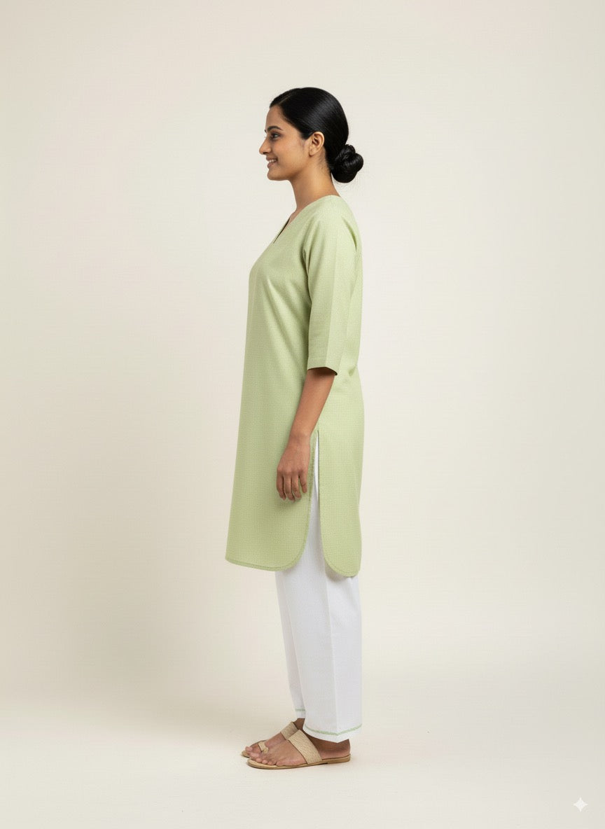 Women’s V-Neck Housekeeping Kurta Set (Green)