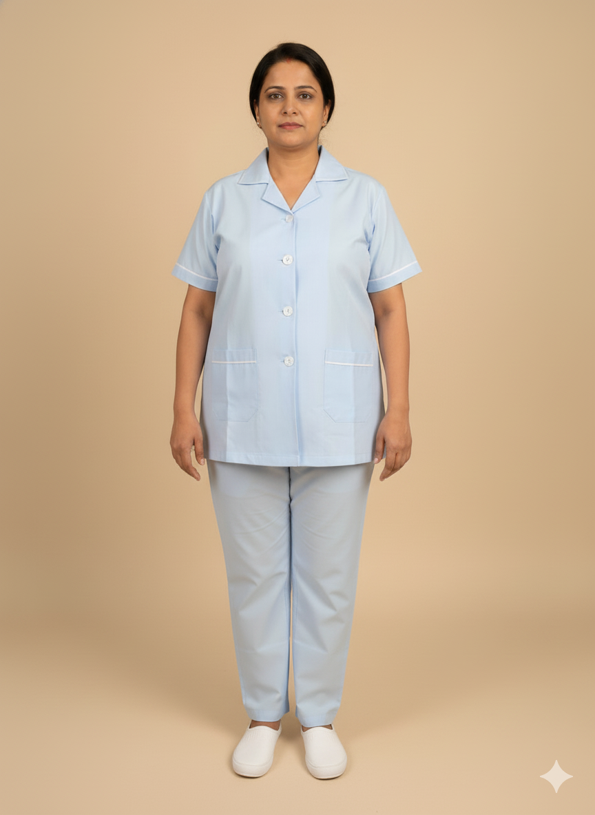Blue Uniform Co-ord – Cotton Pant & Shirt Set for Nurses, Nannies & Housemaids