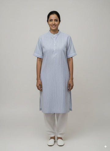 Women’s Blue Kurta Set – Striped Kurta with White Salwar