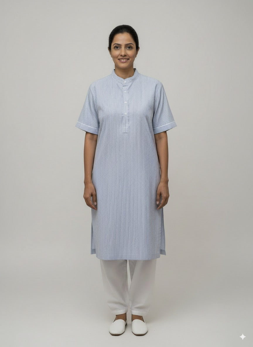 Women’s Blue Kurta Set – Striped Kurta with White Salwar