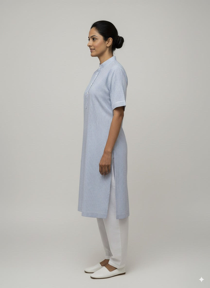 Women’s Blue Kurta Set – Striped Kurta with White Salwar