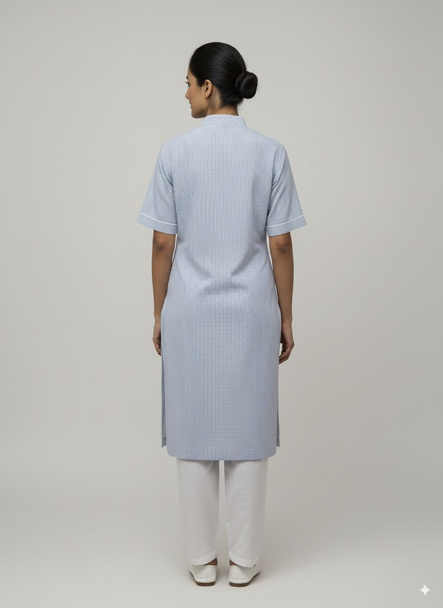 Women’s Blue Kurta Set – Striped Kurta with White Salwar