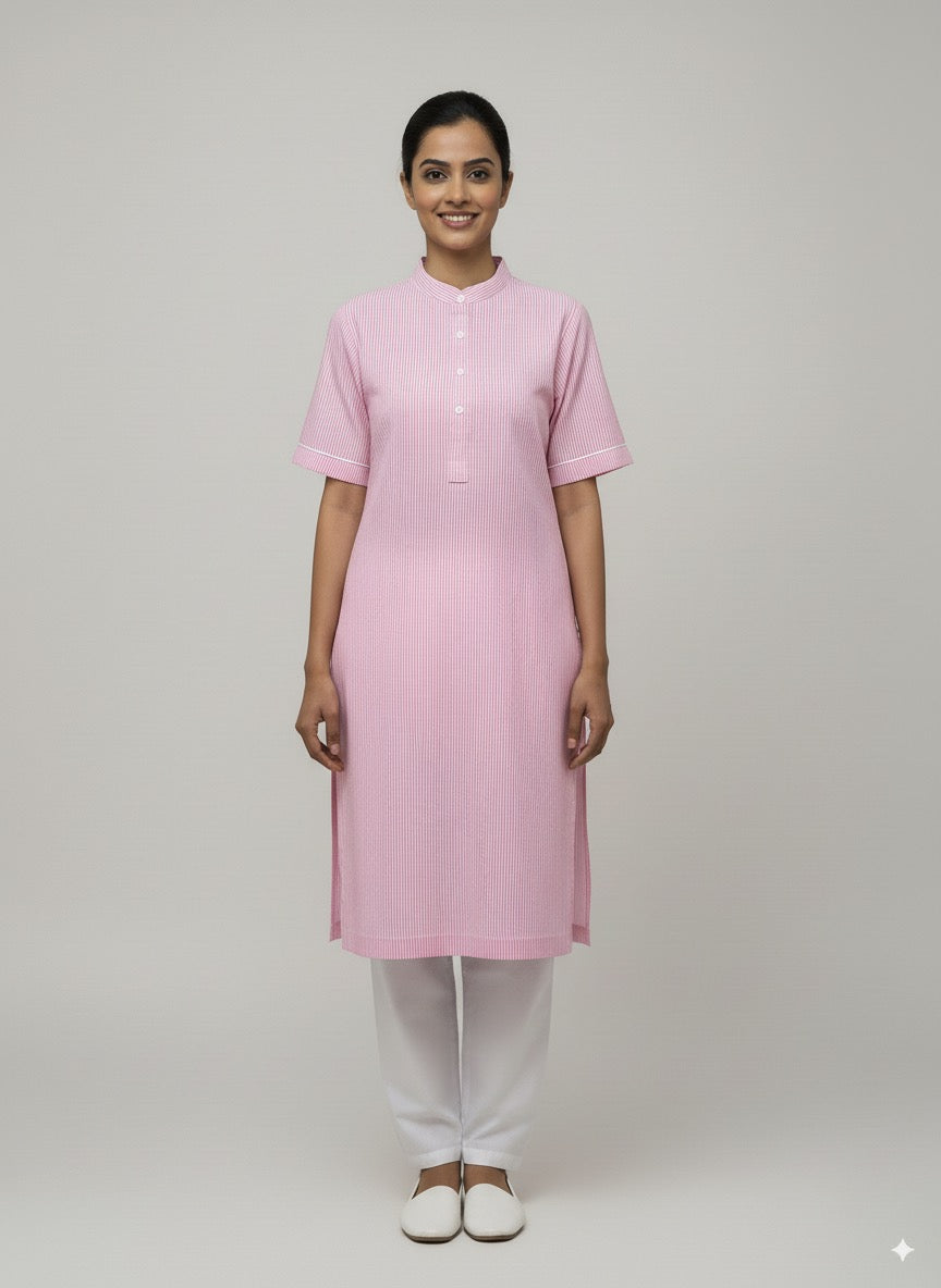 Women’s Pink Kurta Set – Striped Kurta with White Salwar