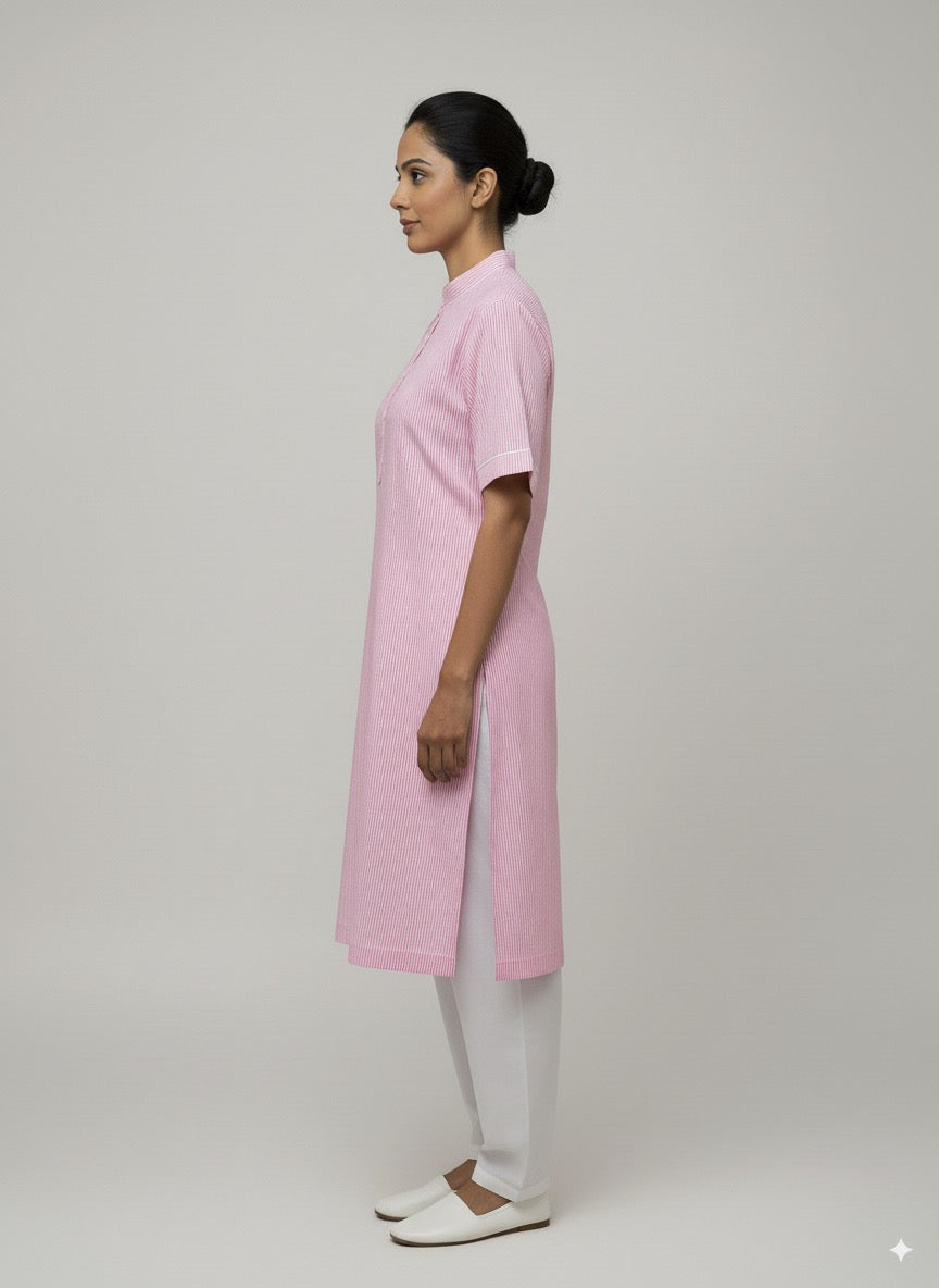 Women’s Pink Kurta Set – Striped Kurta with White Salwar