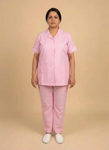 Pink Uniform Co-ord – Cotton Pant & Shirt Set for Nurses, Nannies & Housemaids