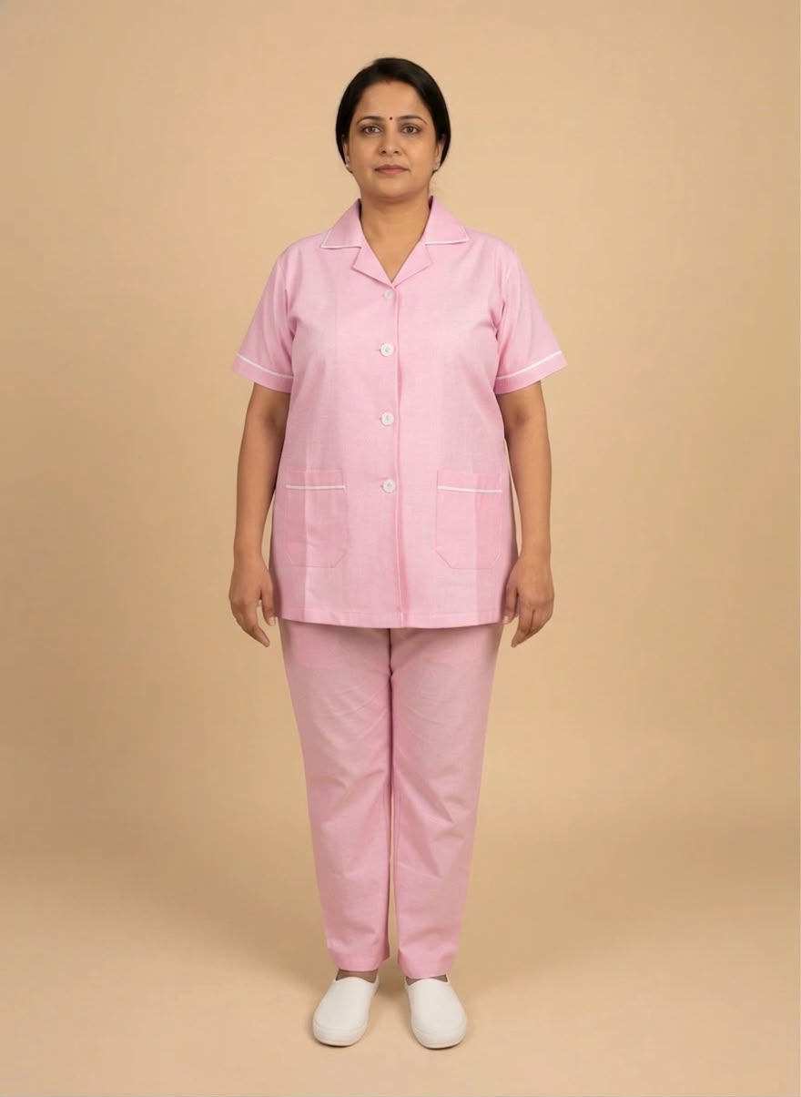 Pink Uniform Co-ord – Cotton Pant & Shirt Set for Nurses, Nannies & Housemaids