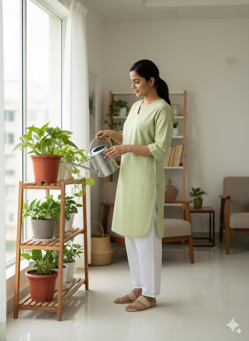 Women’s V-Neck Housekeeping Kurta Set (Green)